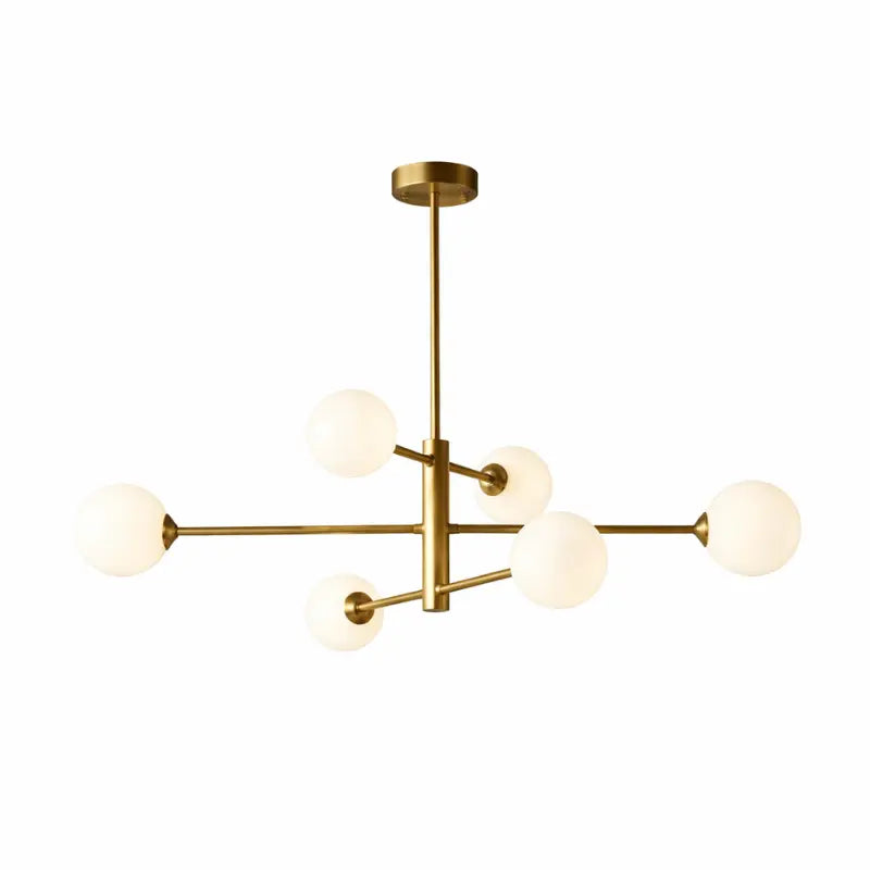 Lustre suspension doré avec globes en verre opalin style mid-century moderne