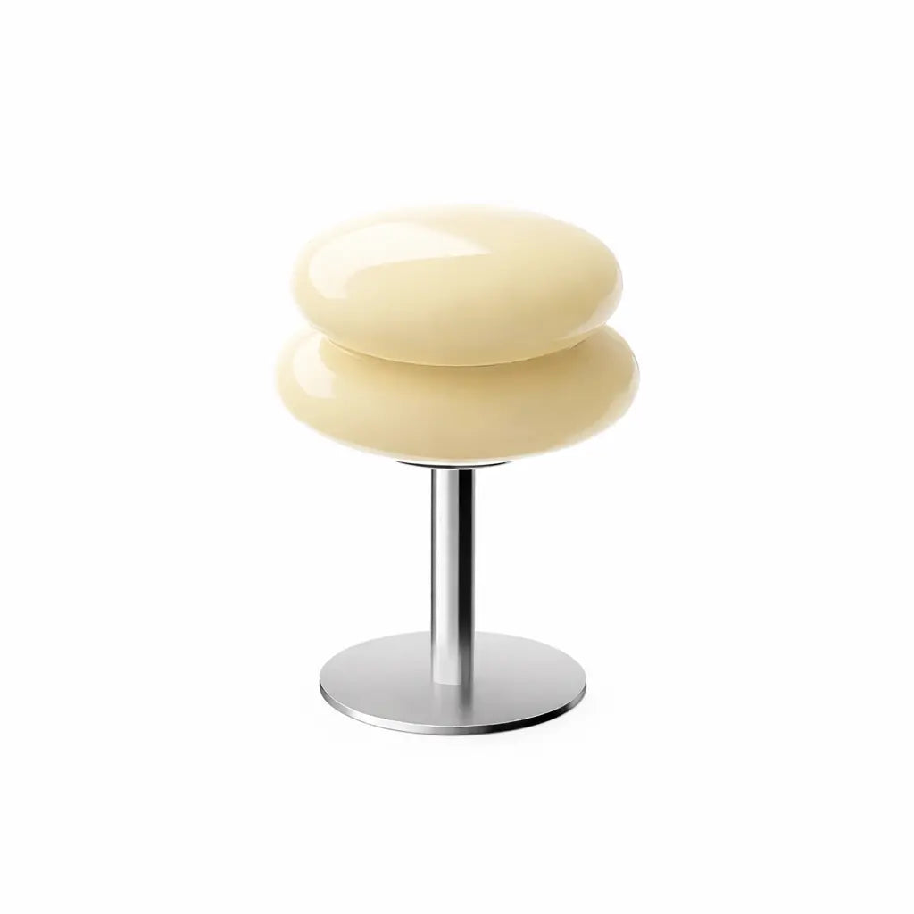 Lampe de table design en verre beige opalin avec pied en métal argenté