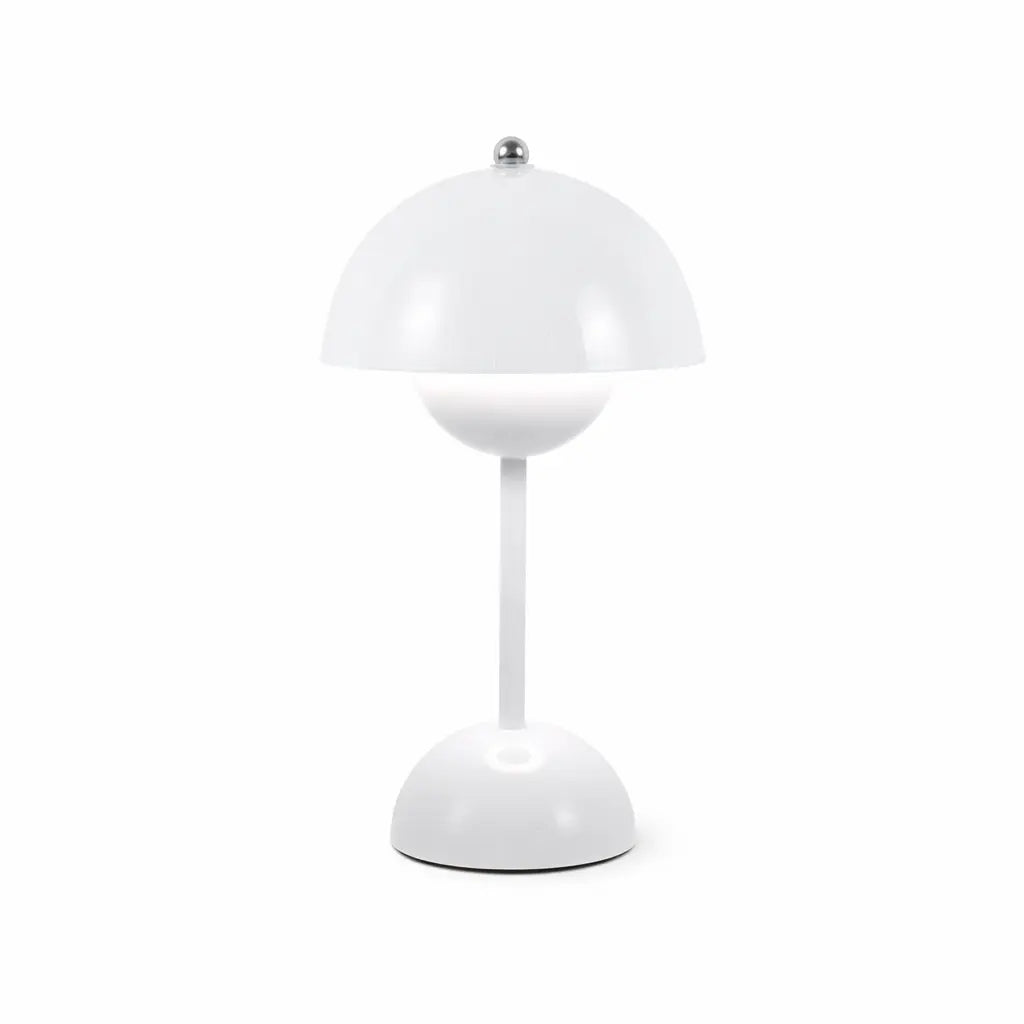 Lampe de table design moderne sans fil LED, métal blanc, abat-jour demi-sphère