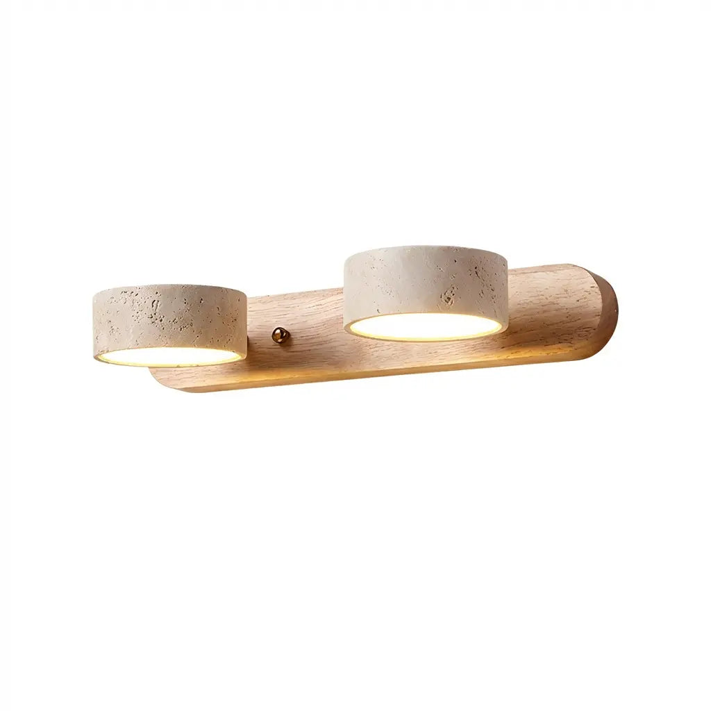Applique murale 2 spots en travertin et bois clair, luminaire LED moderne pour salle de bain
