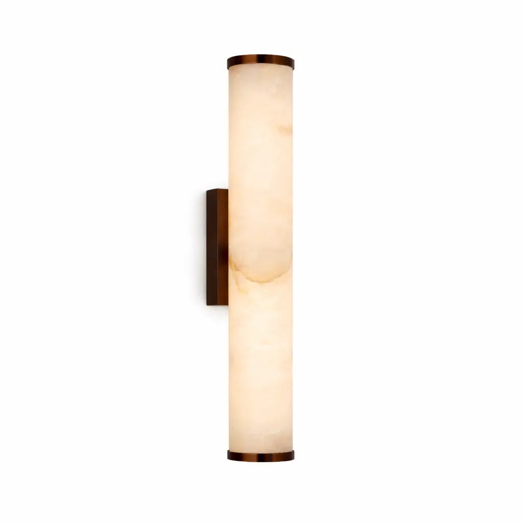 Applique murale LED cylindrique en albâtre beige effet marbre avec support en métal finition bronze, format vertical