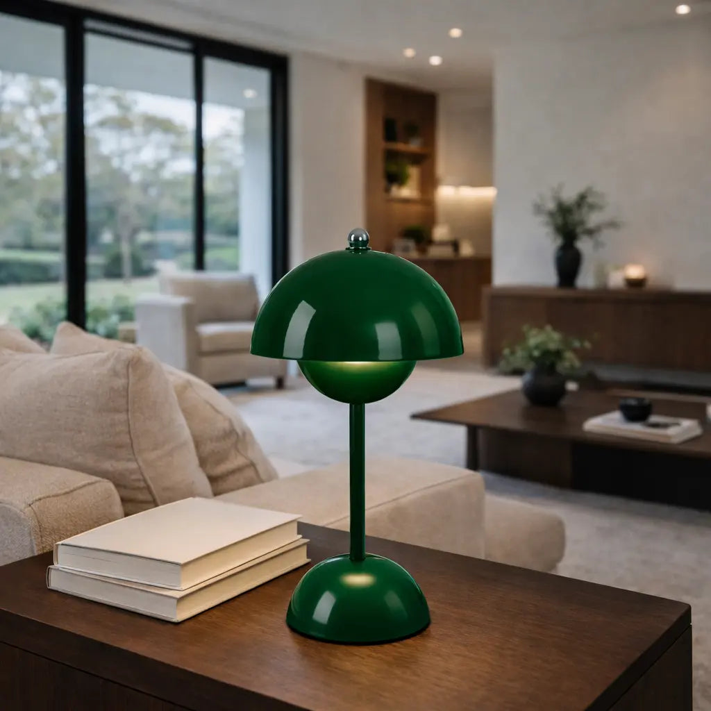 Lampe de table LED verte design moderne sur console en bois, intérieur contemporain