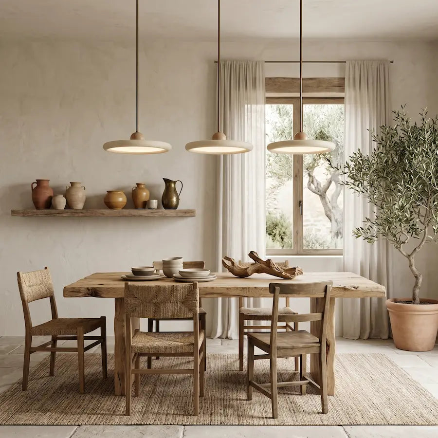 suspension moderne en travertin et bois dans salon