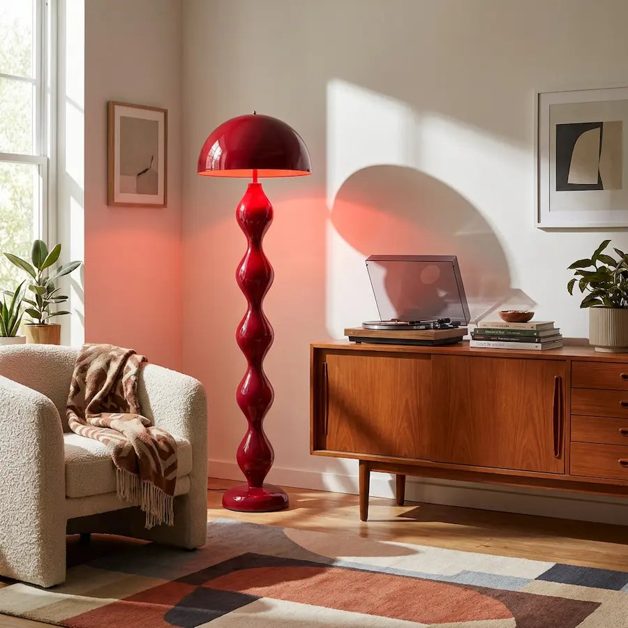 lampadaire de salon scandinave contemporain couleur rouge allumé