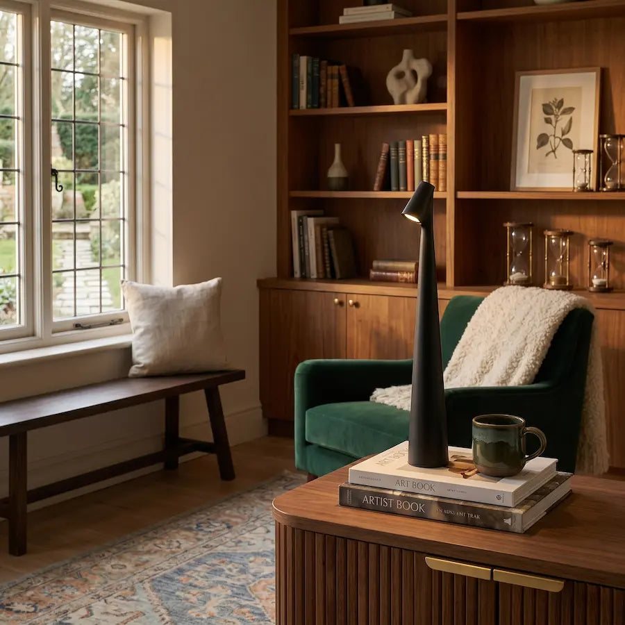 lampe de table minimaliste sans fil couleur noir dans pièce moderne