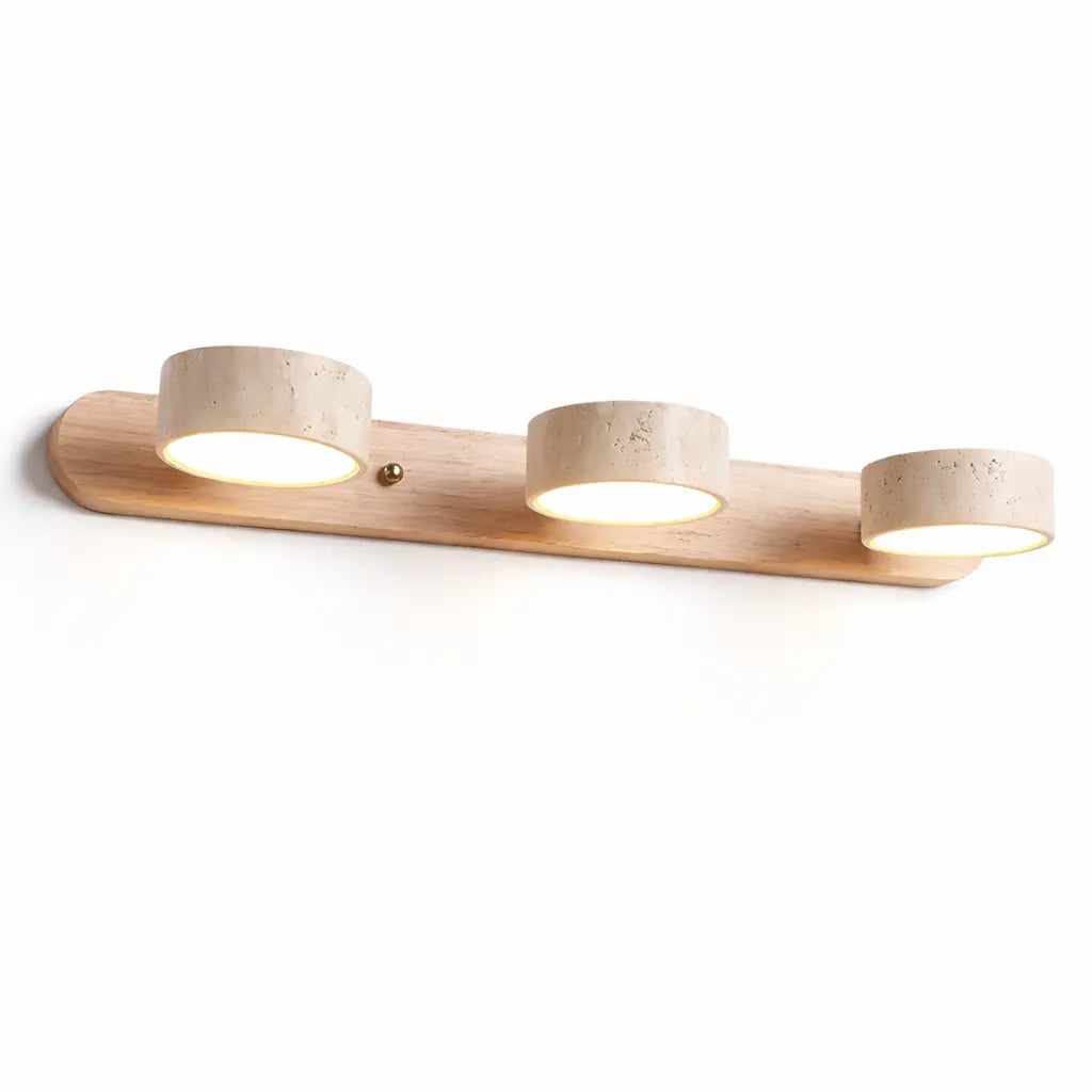 Applique murale 3 spots en travertin et bois clair, luminaire LED moderne pour salle de bain