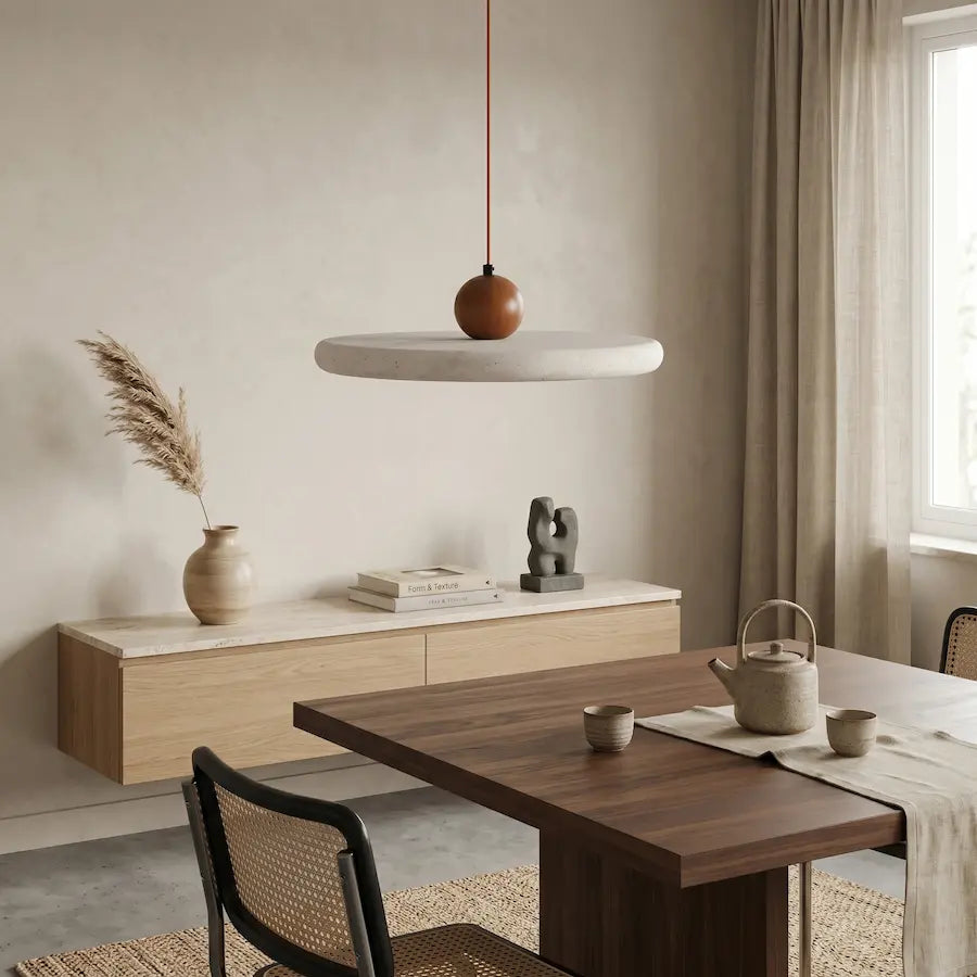 suspension moderne en travertin et bois dans salon minimaliste