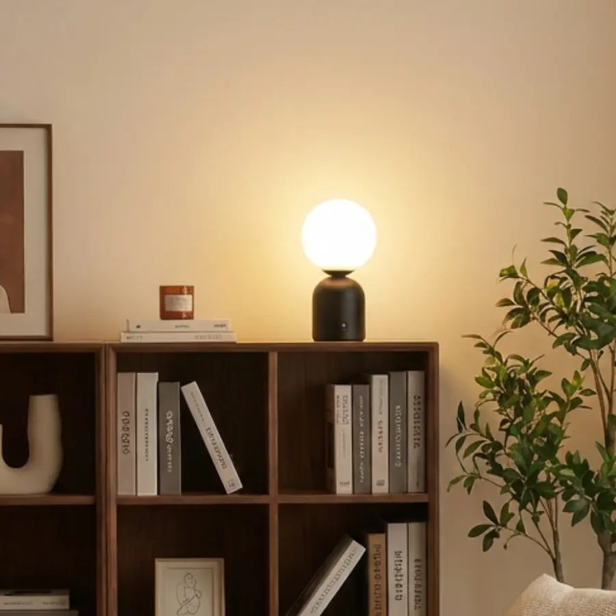 Lampe de table sans fil rechargeable couleur noir sur étagère
