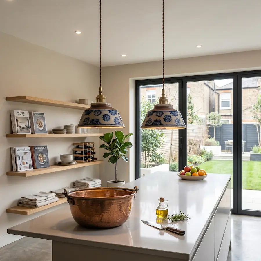 suspension céramique motifs fleurs bleu dans cuisine moderne