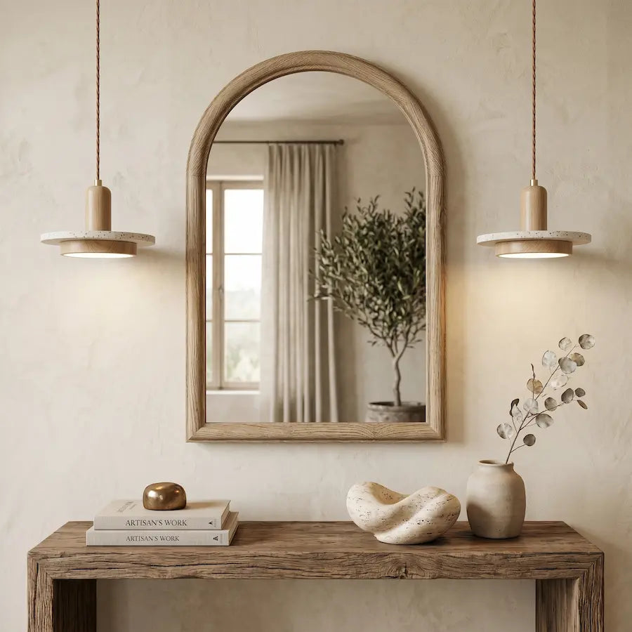 Suspension Discoïdale Design en Travertin couleur claire miroir salon
