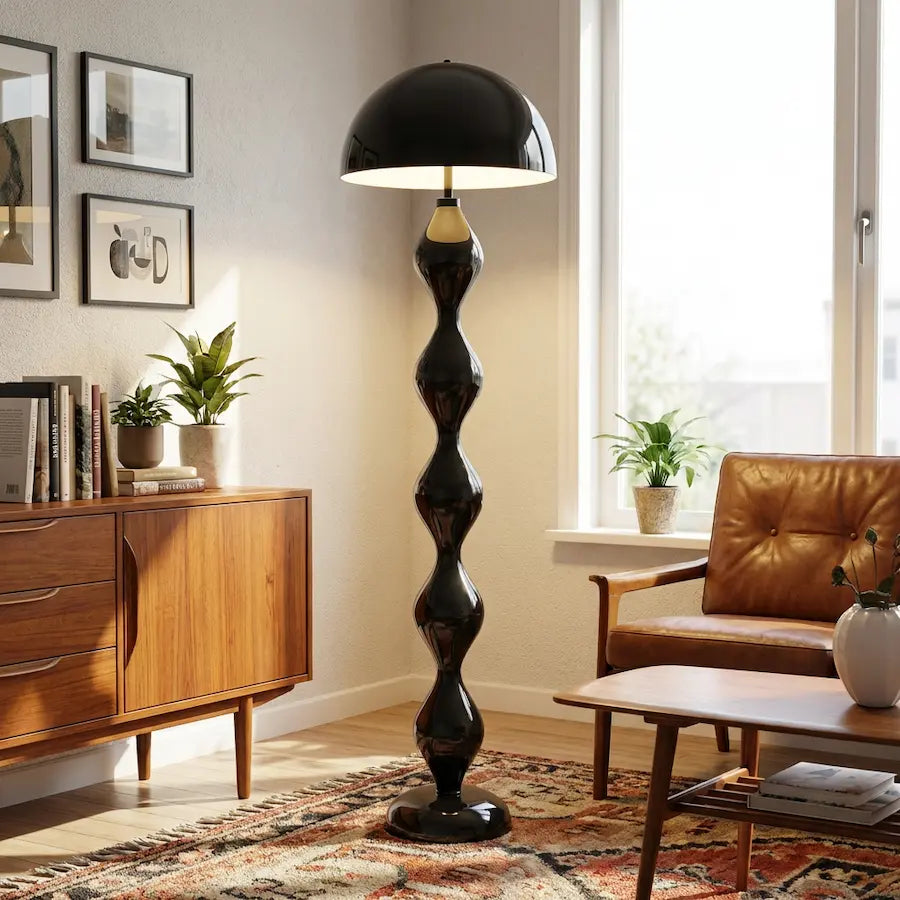 lampadaire de salon scandinave contemporain couleur noir allumé 