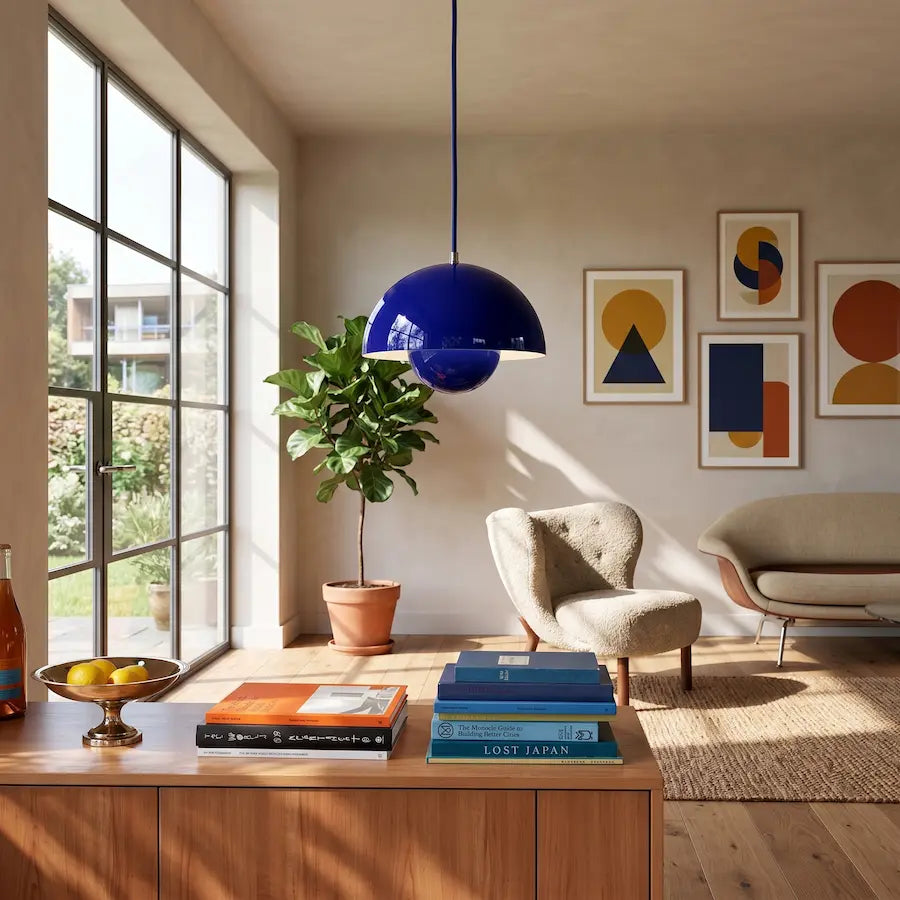 suspension luminaire design minimaliste couleur bleu foncé dans salon