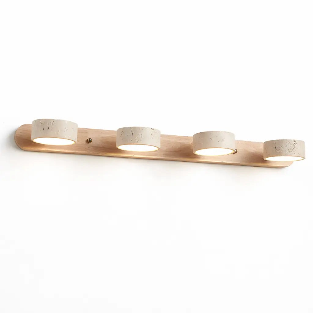 Applique murale 4 spots en travertin et bois clair, luminaire LED moderne pour salle de bain