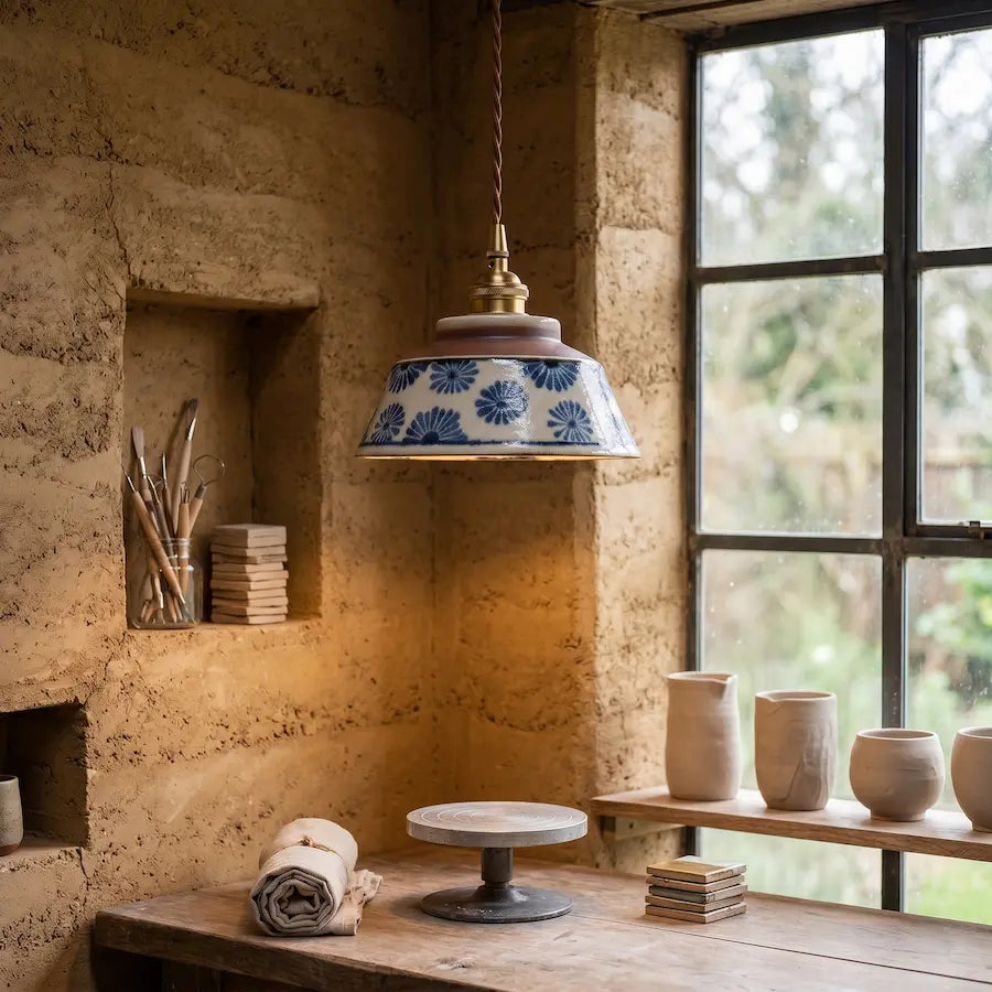 suspension céramique motif à fleurs bleu au dessus plan de travail poterie