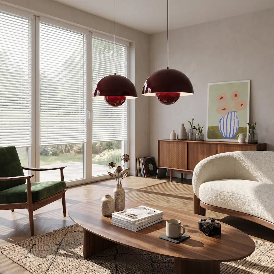 suspension luminaire design minimaliste couleur rouge foncé dans salon