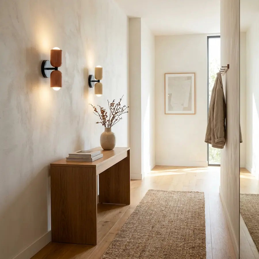 applique murale design nordique couleur rose et couleur beige dans couloir