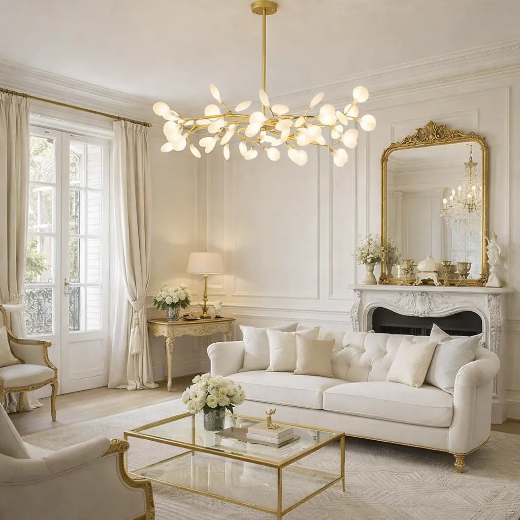 Lustre doré contemporain installé dans salon élégant