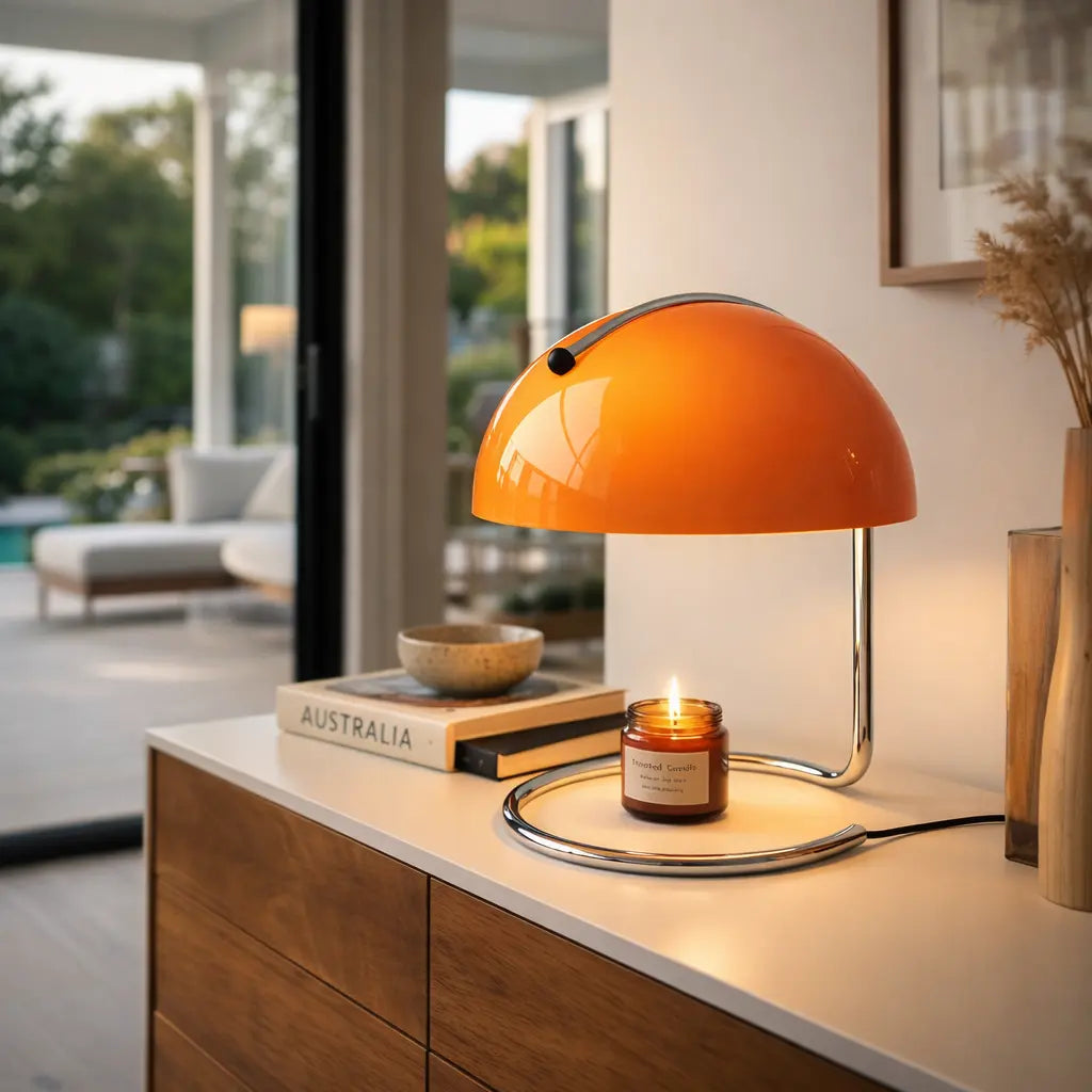 Lampe de table design orange moderne sur meuble en bois, éclairage d’ambiance intérieur