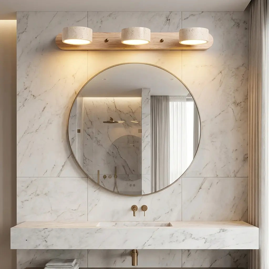 Applique murale 3 lumières en travertin et bois clair au-dessus miroir salle de bain