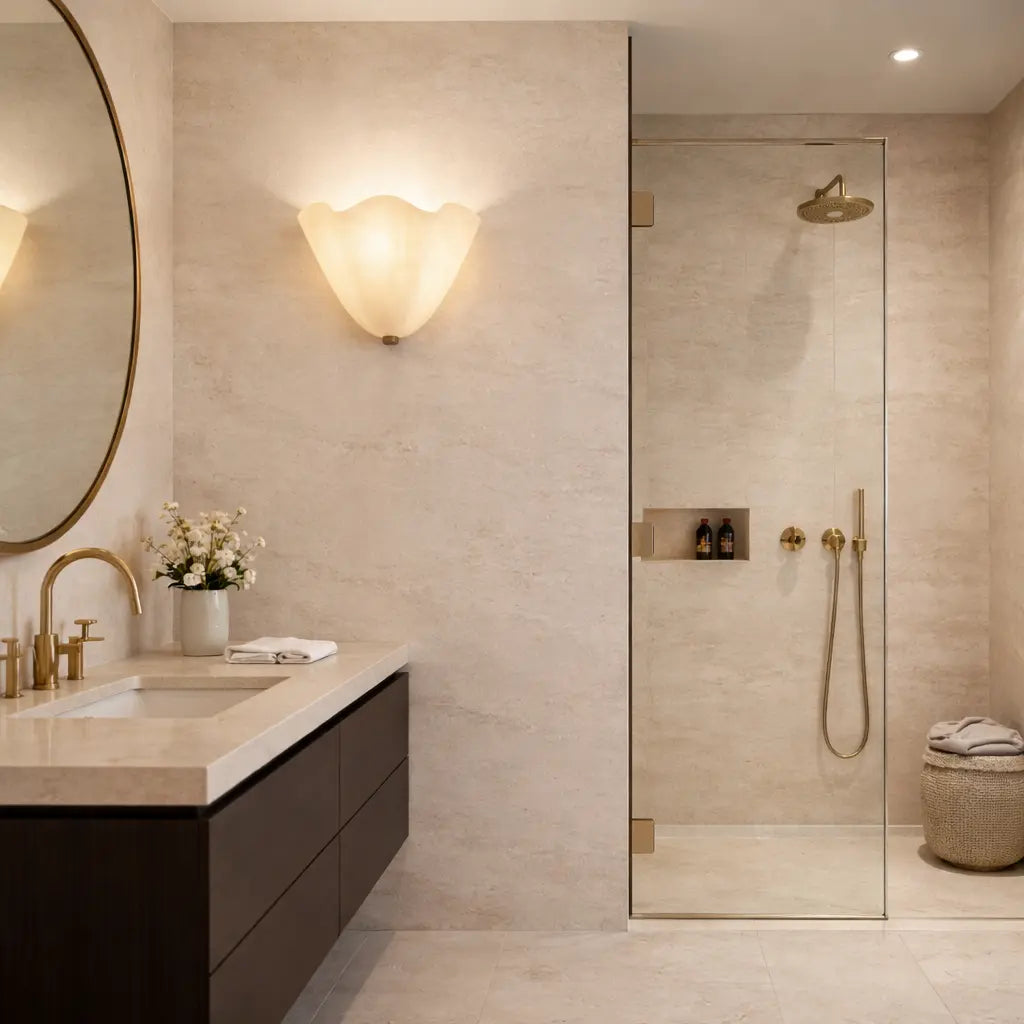 Applique murale en verre blanc crème installée au mur dans une salle de bain