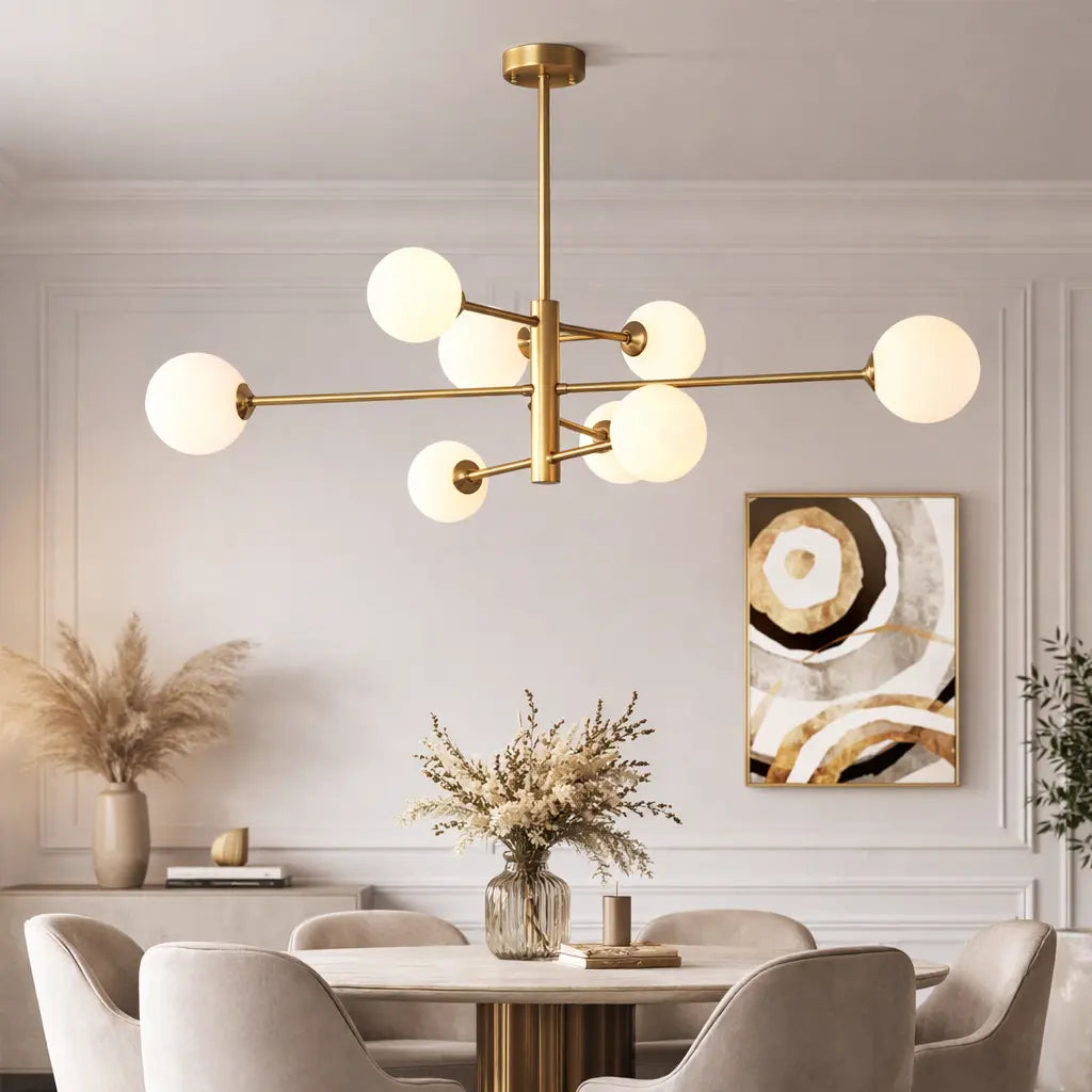Suspension design dorée avec 6 globes en verre opalin pour éclairage de salle à manger