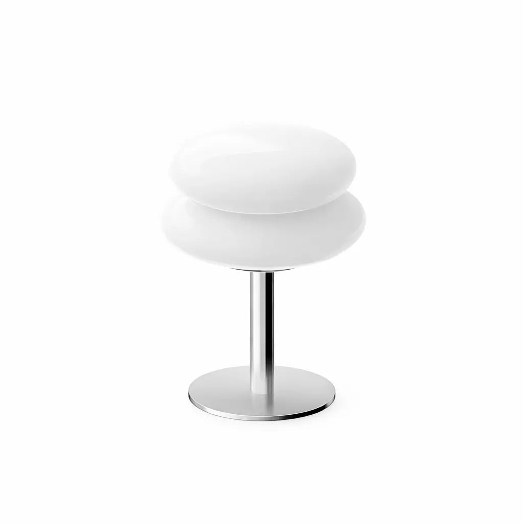 Lampe de table moderne en verre blanc opalin avec base en métal argenté