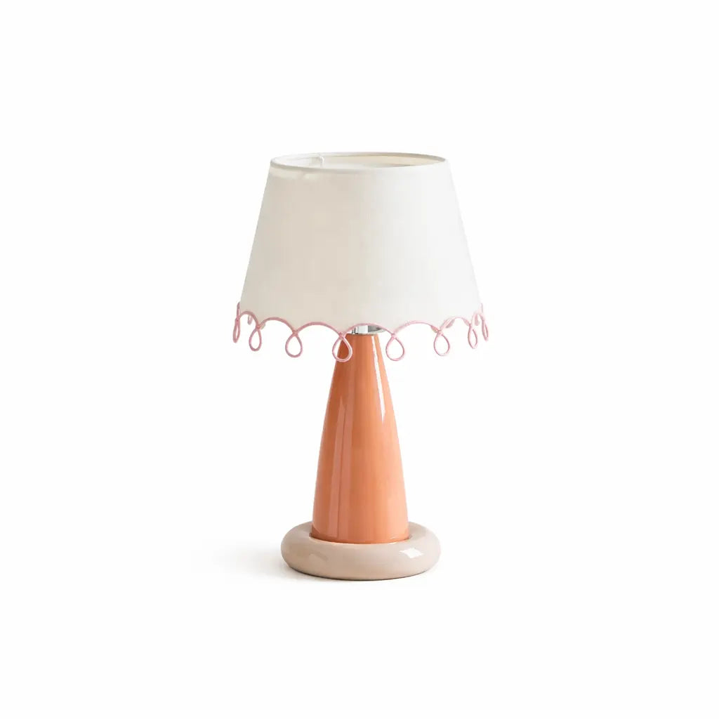 Lampe de table en céramique orange et beige avec abat-jour beige bordure rose