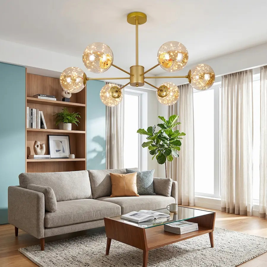 lustre salon style nordique 6 têtes couleur or 