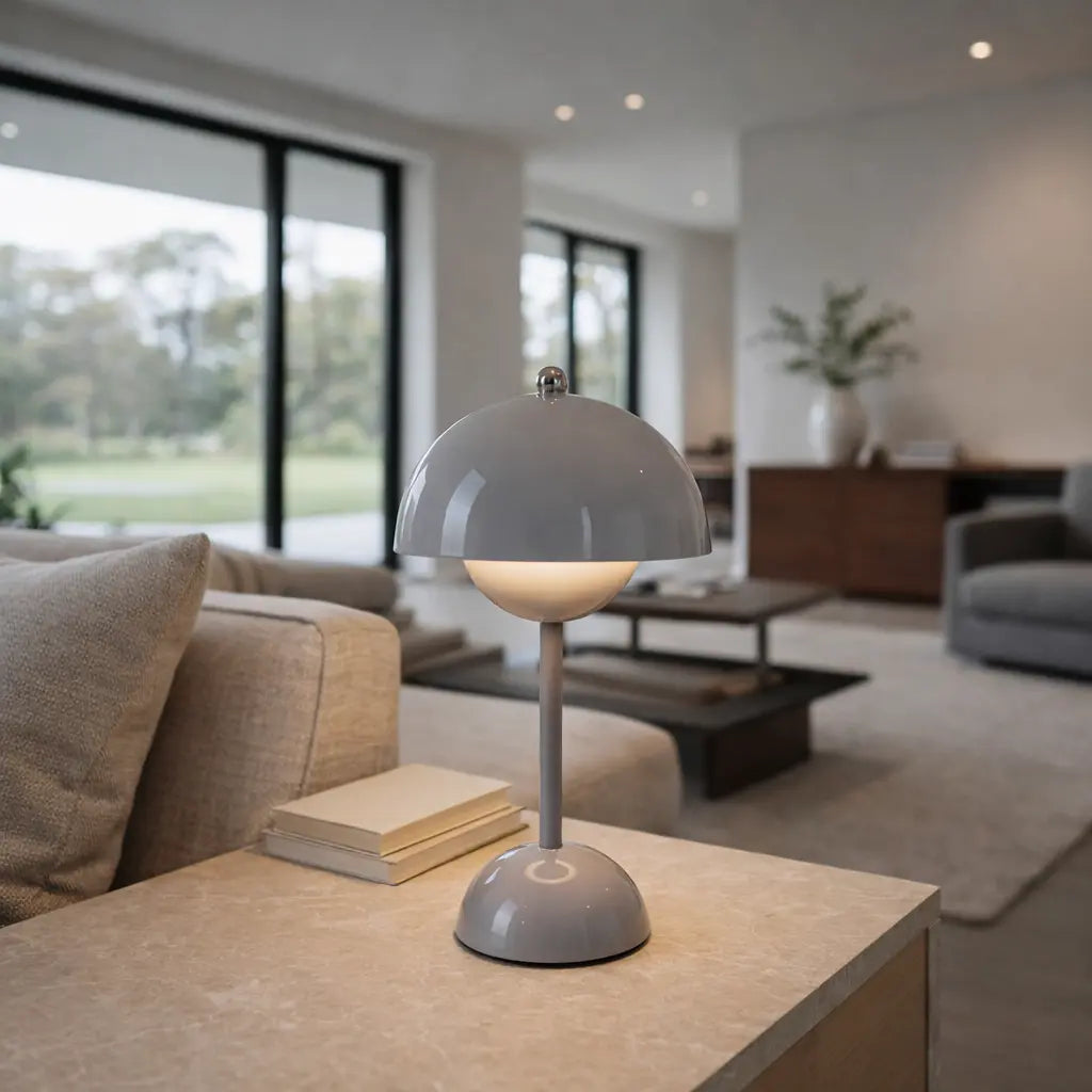 Lampe de table LED grise design moderne sur table en marbre, intérieur contemporain