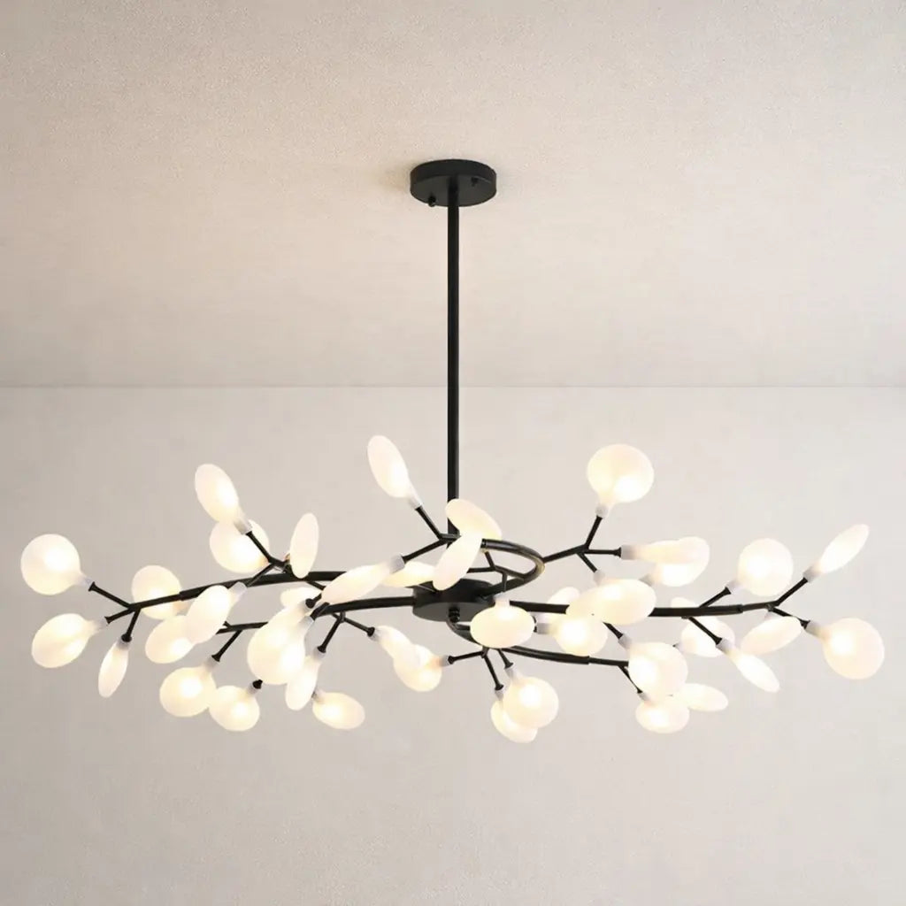 Suspension LED design branches noires avec feuilles en verre opalin