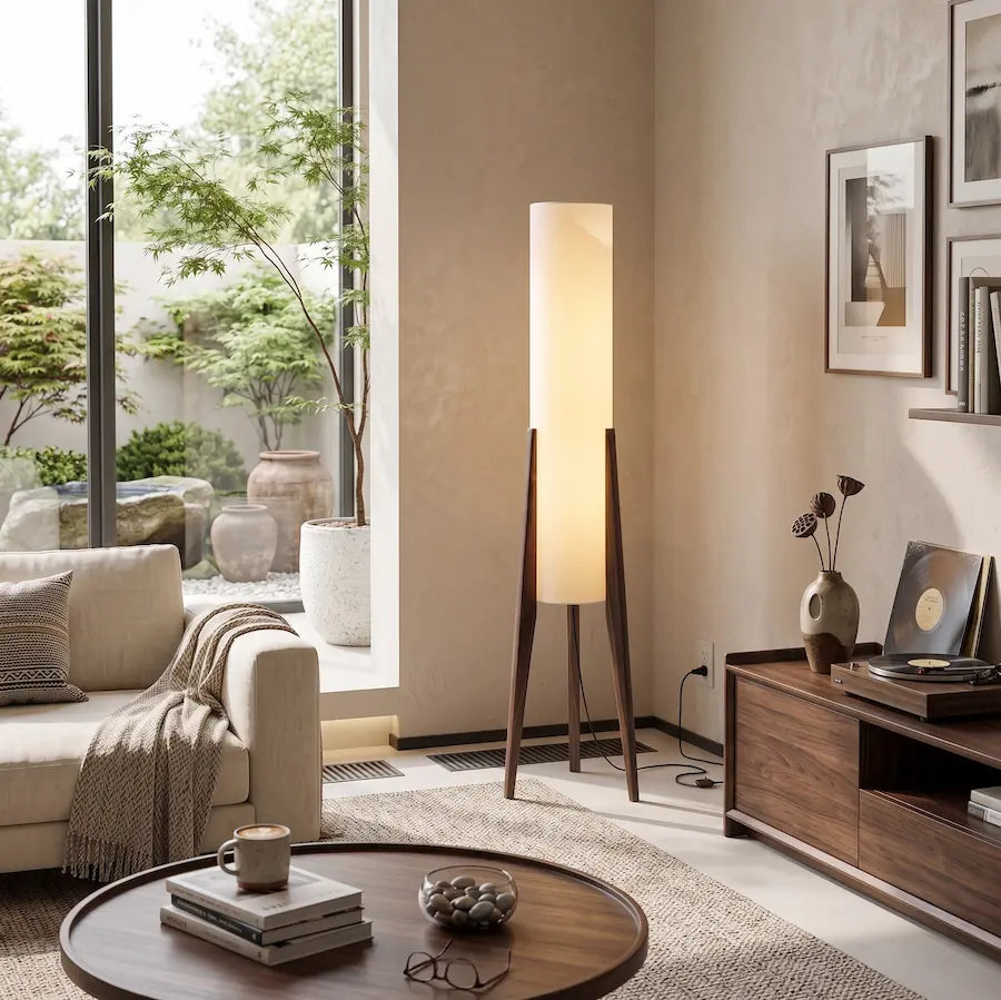 lampadaire de salon en bois massif de noyer couleur foncé