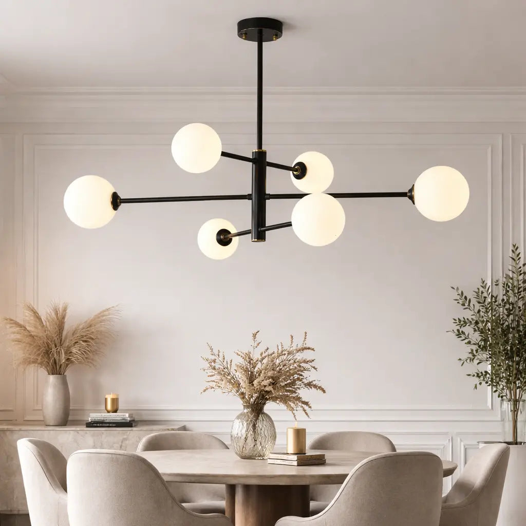 Lustre suspension moderne noir avec globes en verre opalin pour salle à manger