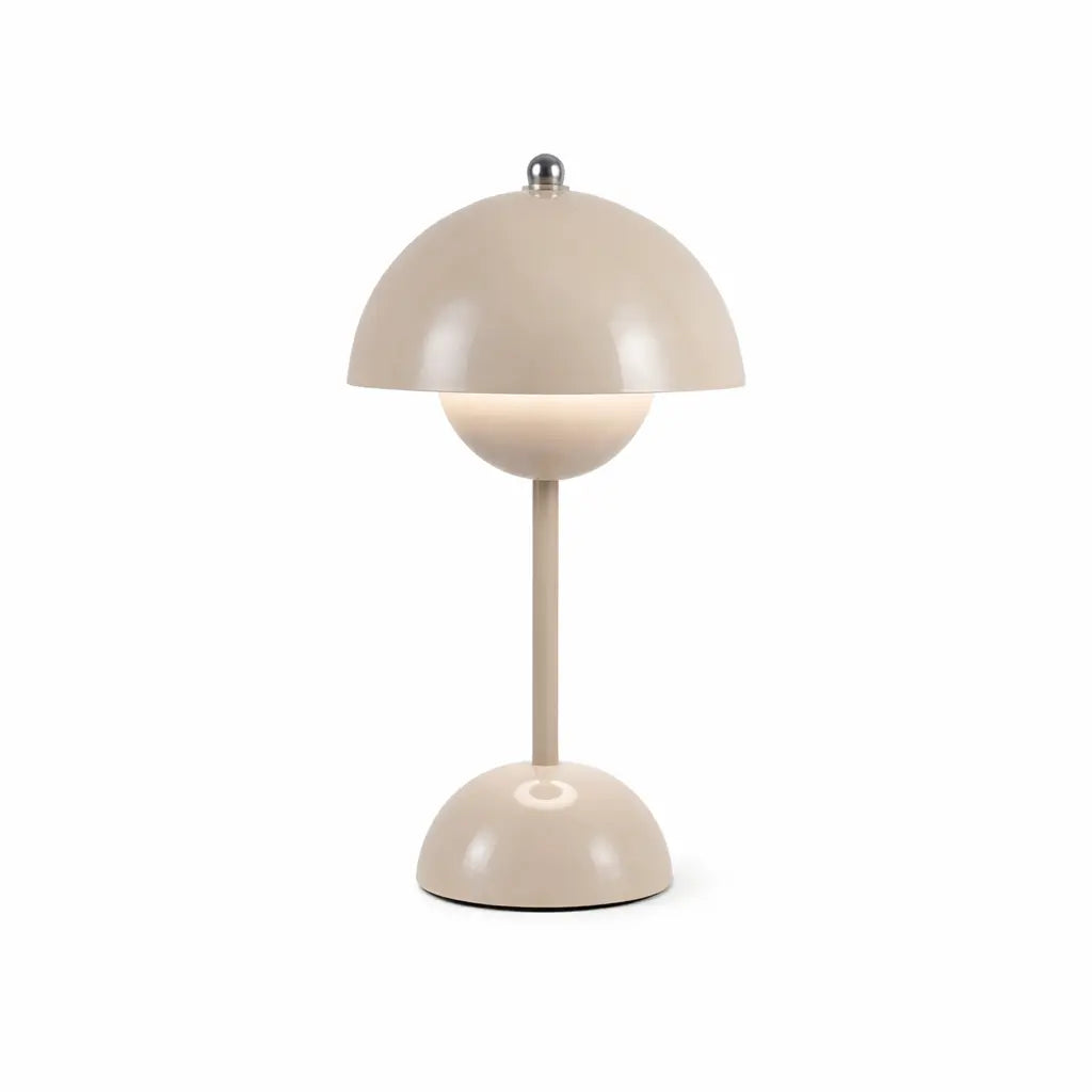 Lampe de table design moderne sans fil LED, finition sable beige, abat-jour demi-sphère