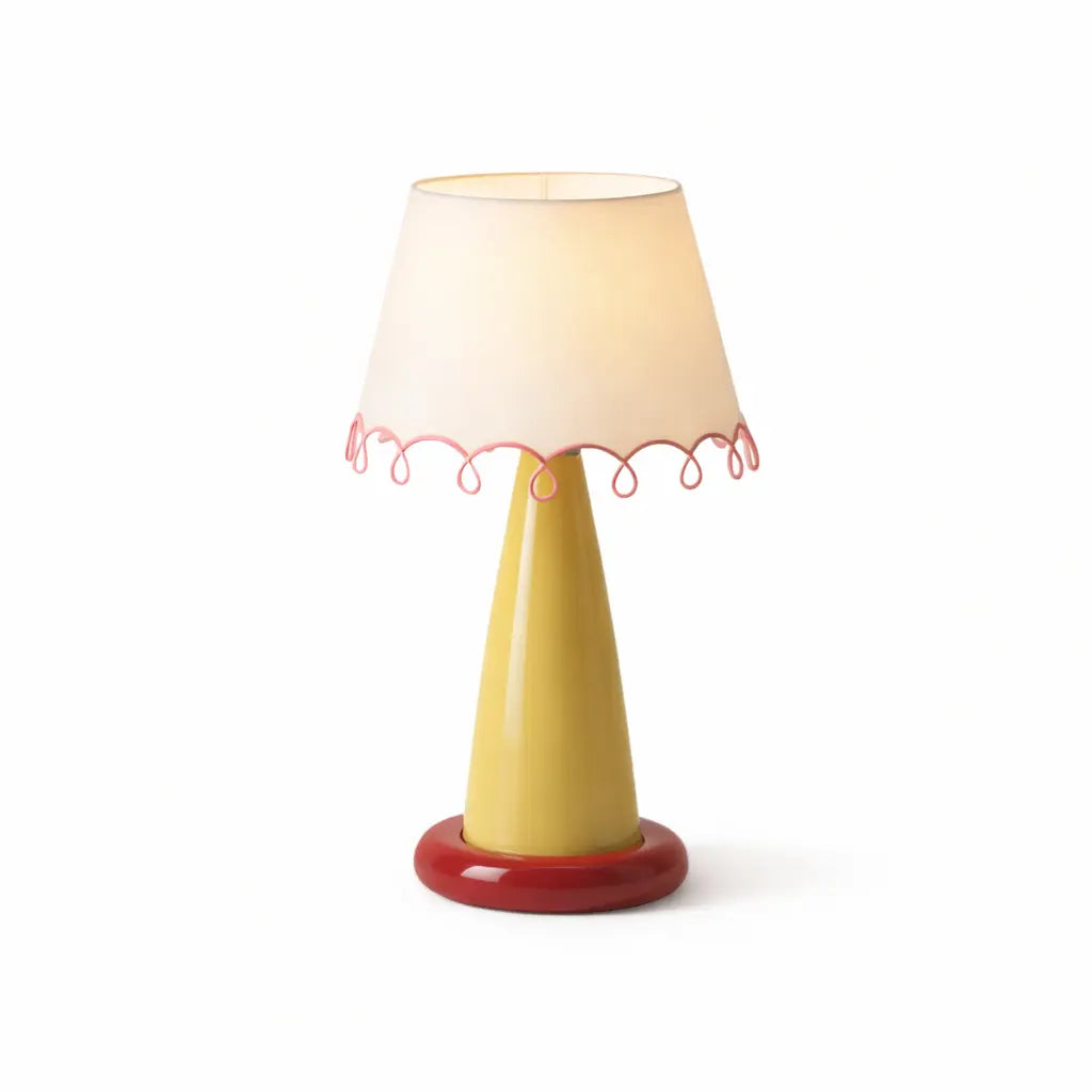 Lampe de table en céramique jaune et rouge avec abat-jour beige bordure rose