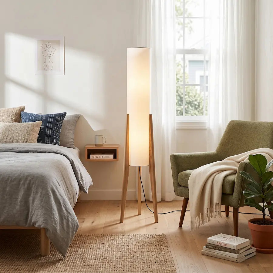 lampadaire de salon en bois massif de noyer couleur clair