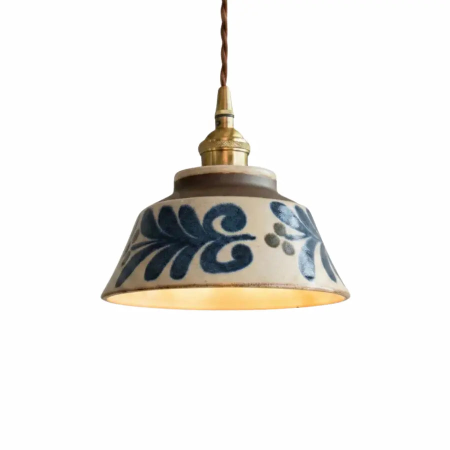 suspension céramique motif floral bleu style bohème japandi