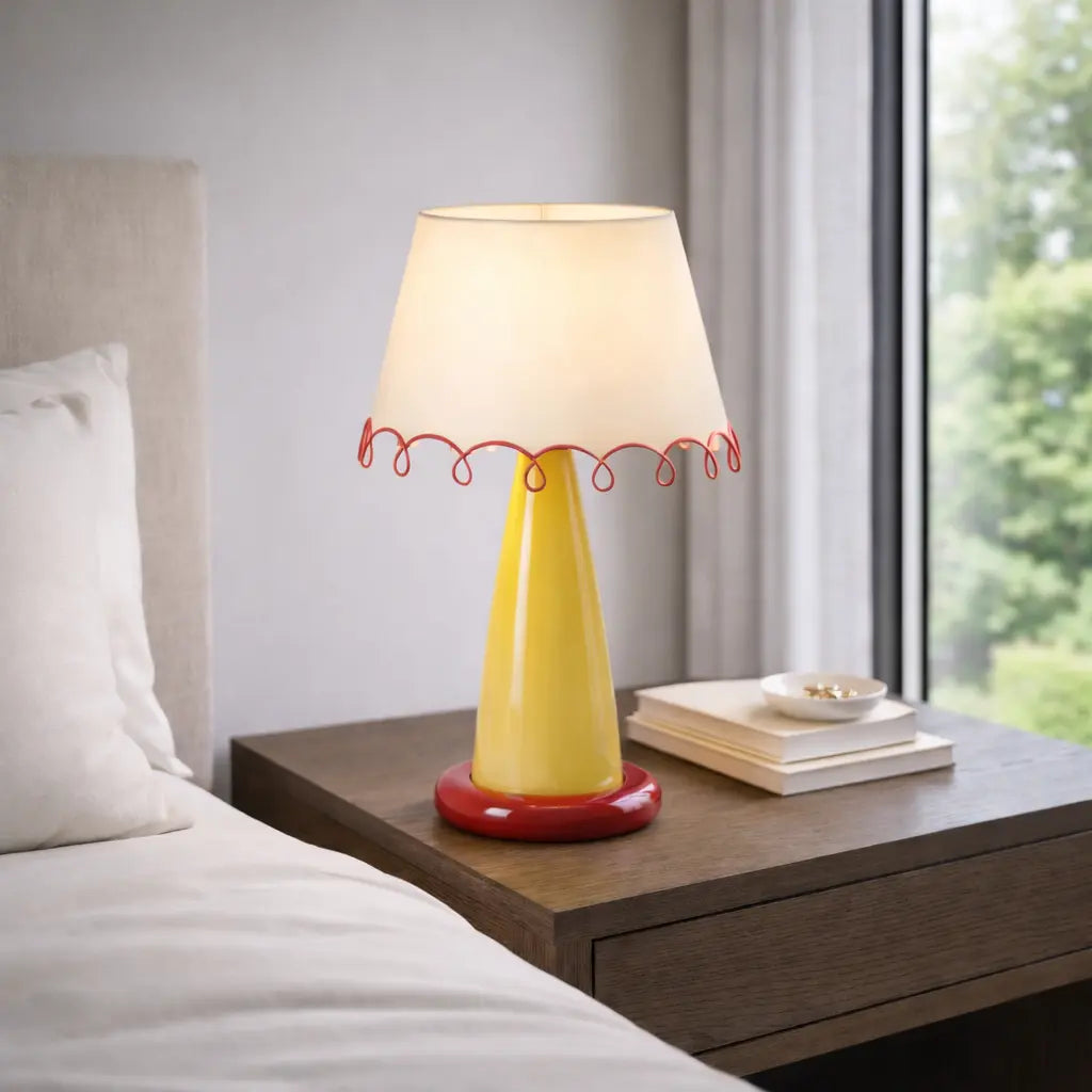 Lampe de table en céramique jaune et rouge avec abat-jour beige sur table de nuit