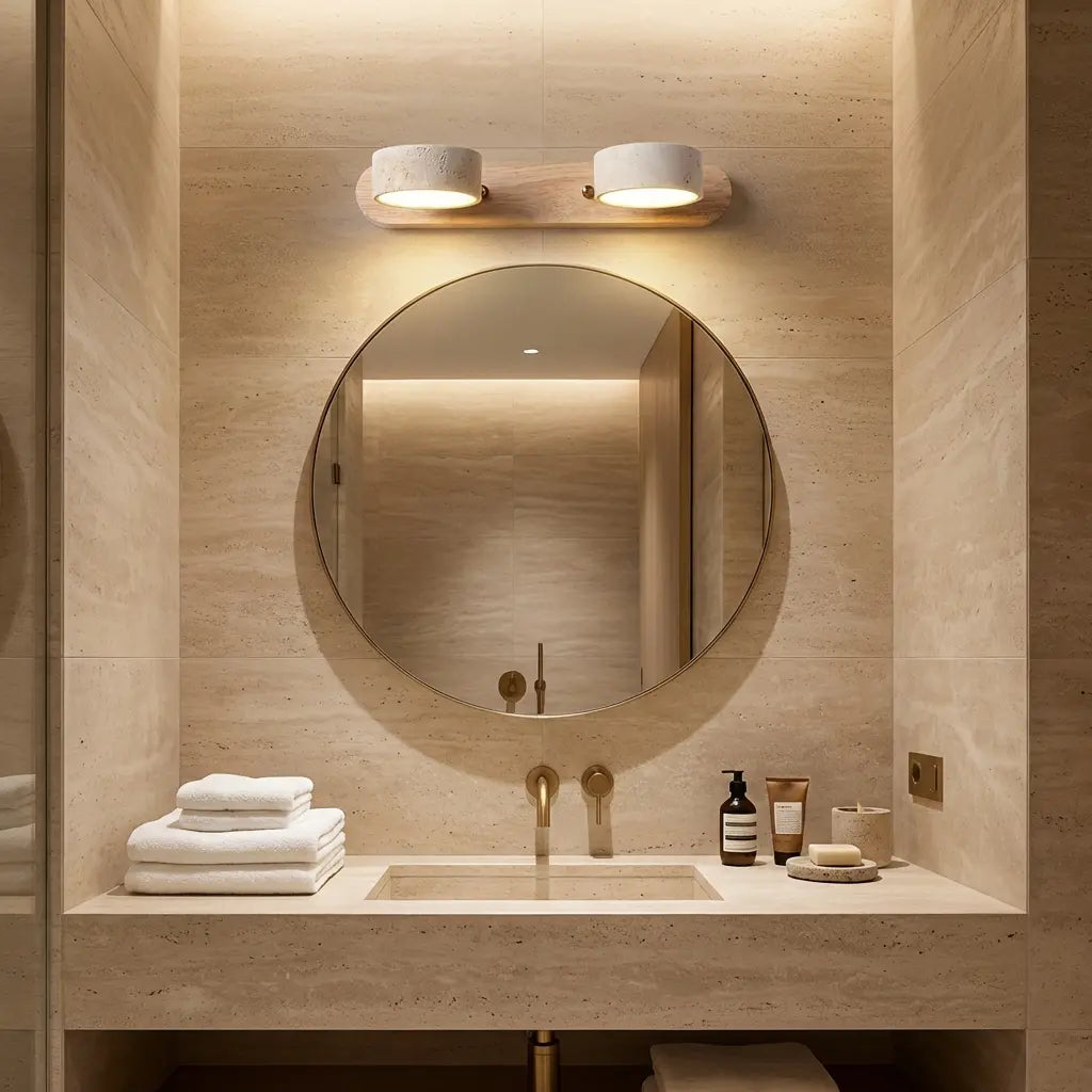 Applique murale 2 lumières travertin et bois dans salle de bain minimaliste beige