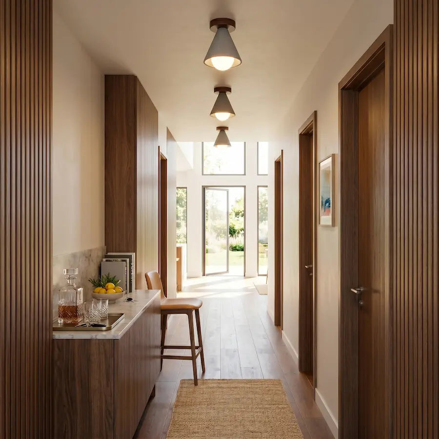 plafonnier minimaliste en travertin et bois foncé