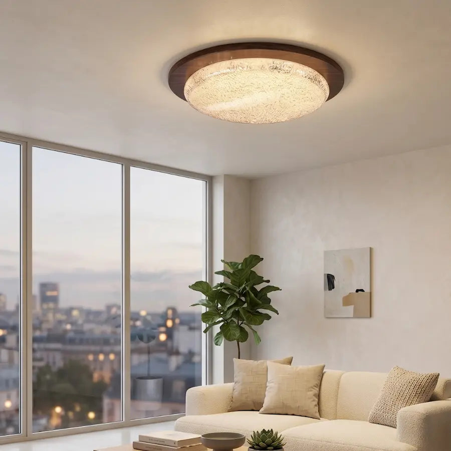 plafonnier rond moderne en résine couleur bois foncé