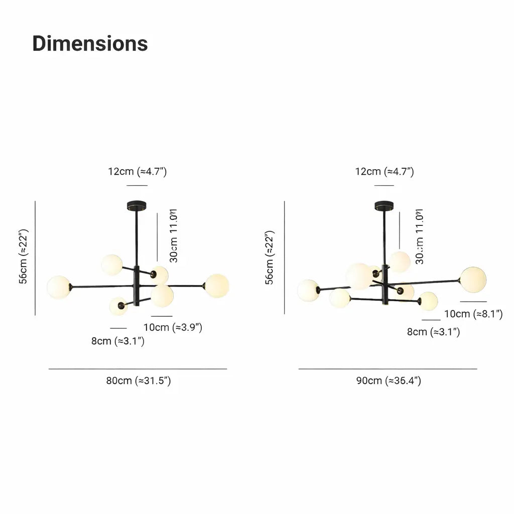 Dimensions du lustre suspension moderne avec globes opalins 80 cm et 90 cm