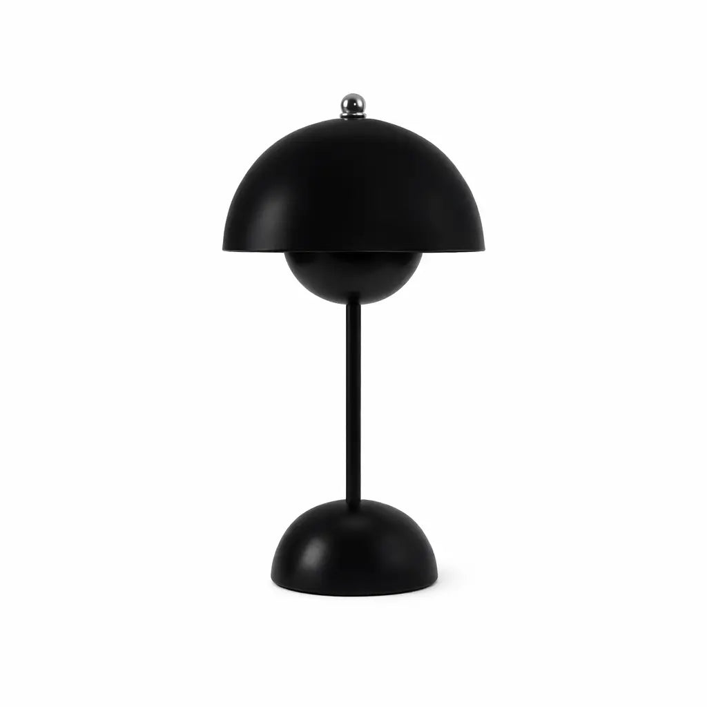 Lampe de table design moderne sans fil LED, métal noir mat, abat-jour demi-sphère
