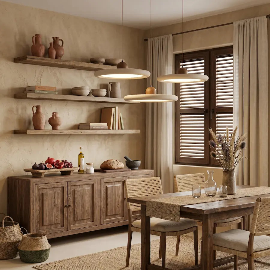 suspension moderne en travertin et bois dans salon épuré 