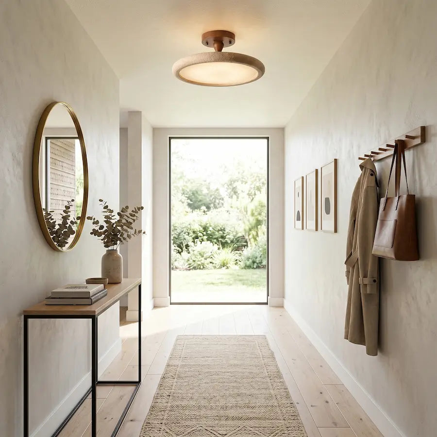 plafonnier moderne travertin et bois couloir