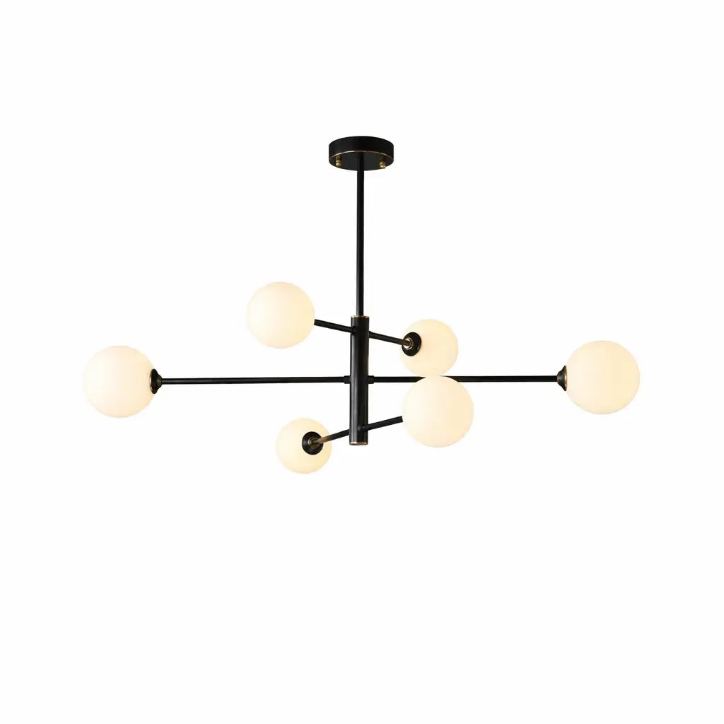Suspension moderne noire à 6 globes opalins design minimaliste