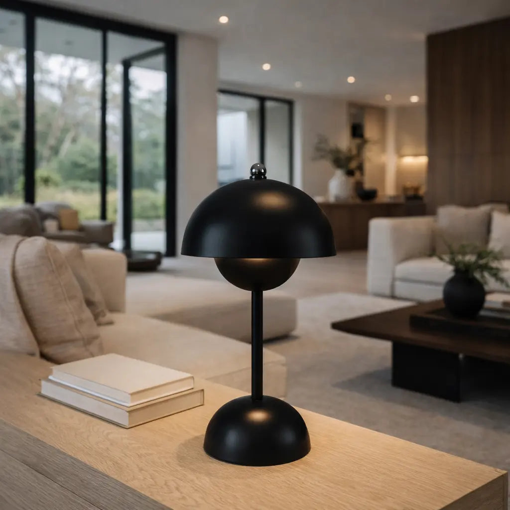 Lampe de table LED noire design moderne sur meuble en bois, salon minimaliste