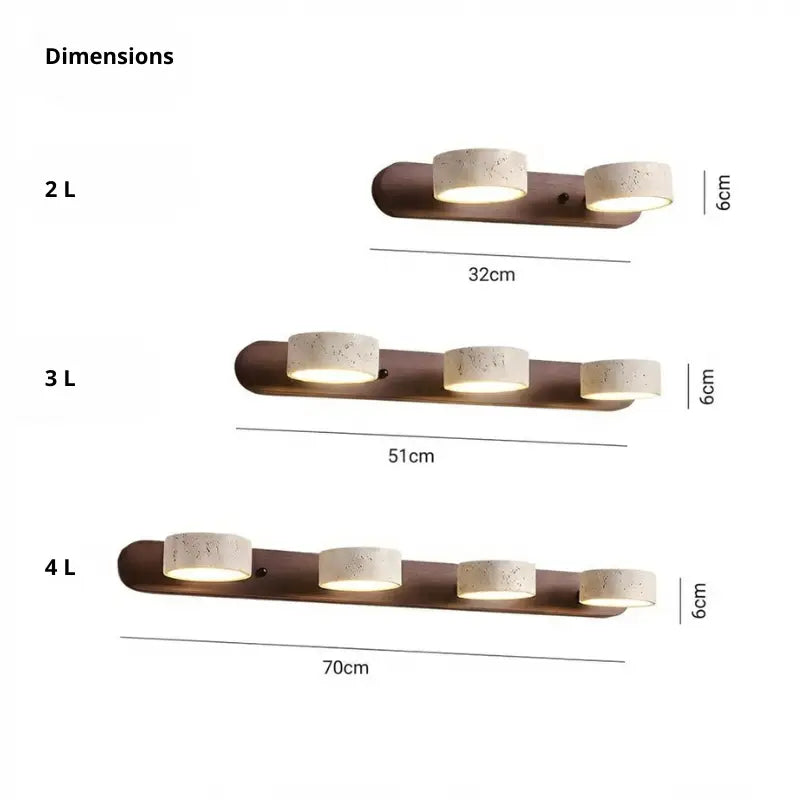 Dimensions applique murale travertin 2, 3 et 4 lumières – 32 cm, 51 cm, 70 cm