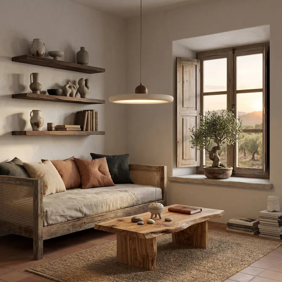 suspension moderne en travertin et bois dans salon moderne au style organique