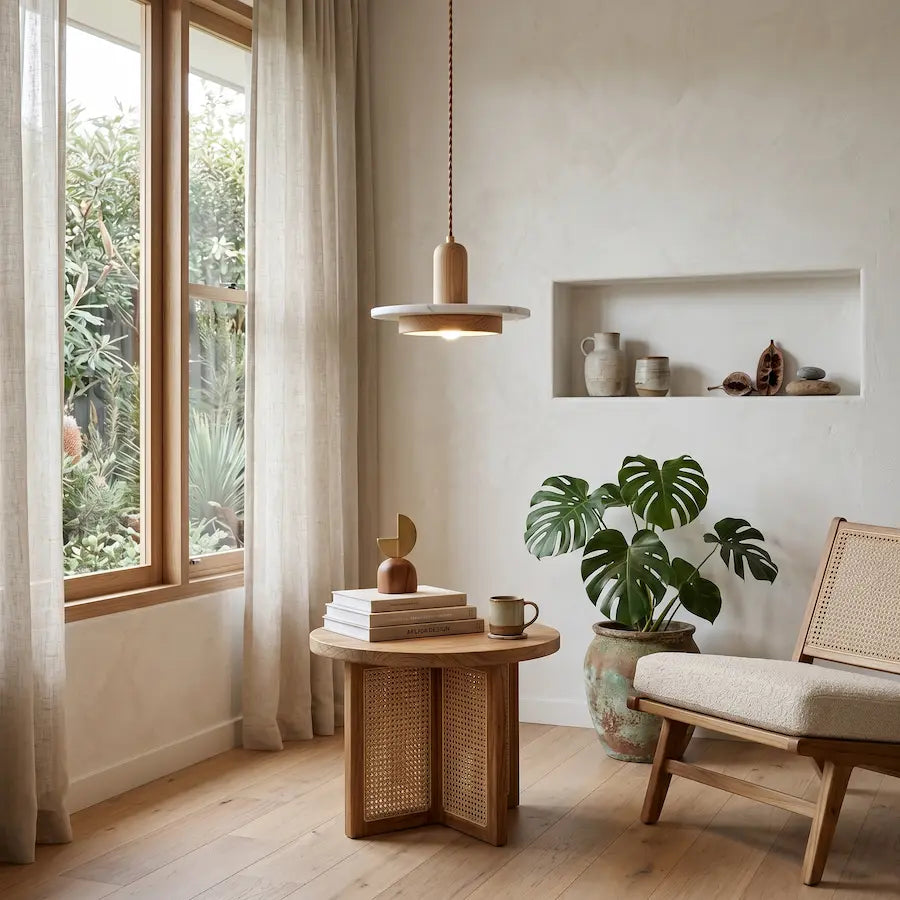 Suspension Discoïdale Design en Travertin salon moderne couleur claire