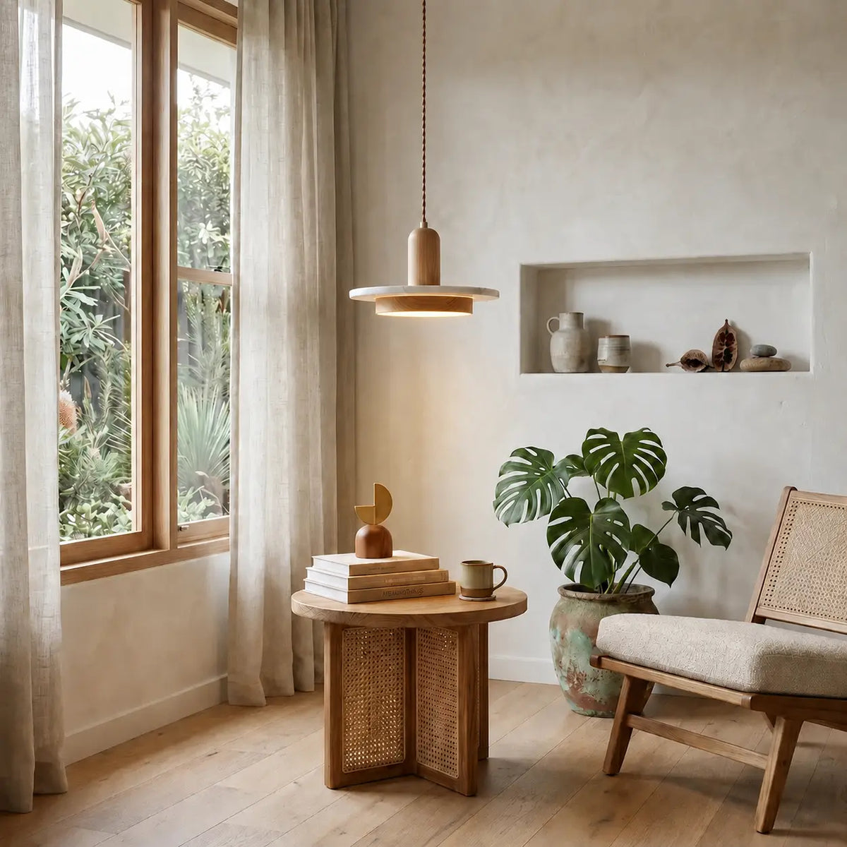 Suspension Discoïdale Design en Travertin salon moderne couleur claire